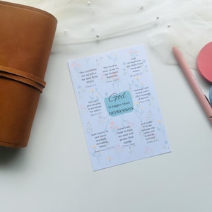 May include: A light blue card with floral accents and the text "God is bigger than Depression." A brown leather journal and a pink pen are next to the card. Two round sticky notes, one pink and one blue, are also in the image.