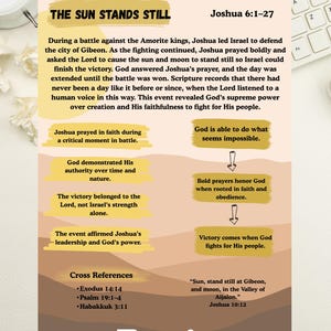 May include: A digital resource sheet with the title "The Sun Stands Still" and text from Joshua 6:1-27. The design includes beige and brown tones, with key points highlighted in yellow. The text includes cross-references and a quote from Joshua 10:12. The sheet is available in three sizes.