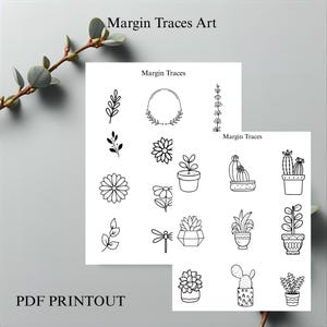 Op de afbeelding: PDF-afdruk met zwart-wit botanische en bloemenillustraties. De ontwerpen omvatten bloemen, planten en een libelle. De tekst "Margin Traces Art" en "PDF Printout" is ook zichtbaar.
