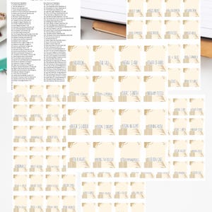 May include: A printout of Bible topical tabs with a list of verses and individual tabs. The tabs are beige with gold accents and feature titles like "Creation" and "Noah's Ark." The document is labeled "Bible Topical Tab Printout."