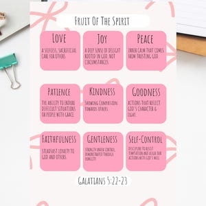 May include: A pink and white printable featuring the phrase "Fruit of the Spirit" with nine virtues: Love, Joy, Peace, Patience, Kindness, Goodness, Faithfulness, Gentleness, and Self-Control. The text "Galatians 5:22-23" is also included.