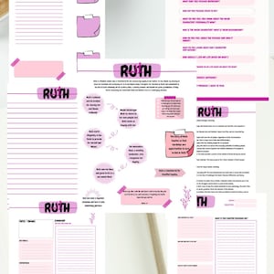 May include: Printable Bible study guide for the book of Ruth. The guide features pink and purple accents and includes sections for topic, themes, summary, key verses, reflection questions, memory verse, and a printable PDF.
