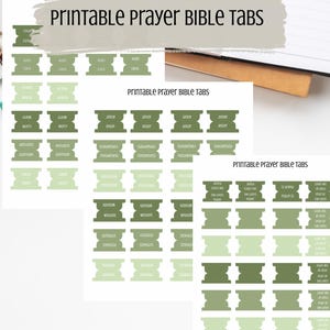 May include: Printable prayer Bible tabs in various shades of green, featuring words like "Faith," "Worry," and "Wisdom." The tabs are designed for easy organization and include the text "Printable Prayer Bible Tabs" and "PDF Files."