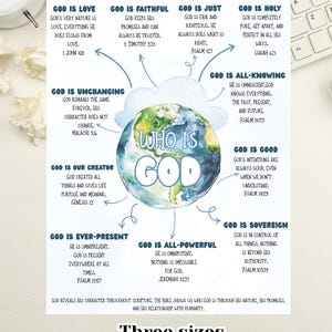 Peut inclure: Une feuille de référence avec le texte « Qui est Dieu » entouré de descriptions des attributs de Dieu, tels que l'amour, la fidélité et la justice. La feuille comprend des versets bibliques et est disponible en trois tailles en fichier numérique à imprimer à la maison.