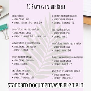 May include: A printable document titled "Bible Printables" listing 10 prayers from the Bible. The document includes the prayer name, author/speaker, and reference. The document is available in PDF files.