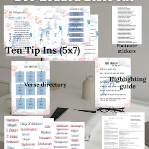 May include: DIY Loaded Bible Kit with various printed materials. Includes "Ten Tip Ins (5x7)", "Verse directory", "Header stickers", "Footnote stickers", "Highlighting guide", and "Instructions". The kit features a light color palette with aquatic-themed illustrations.