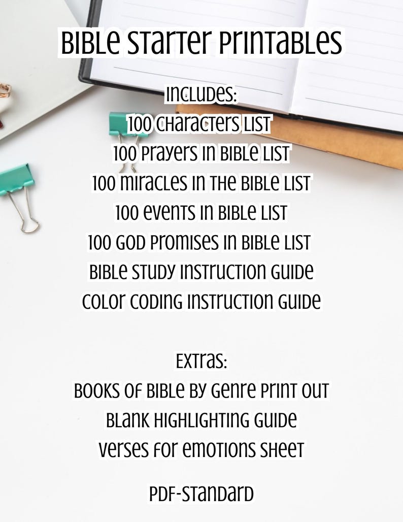 Puede incluir: Imprimible blanco con el texto "BIBLE STARTER PRINTABLES". Incluye listas de personajes b&iacute;blicos, oraciones, milagros, eventos y promesas de Dios. Tambi&eacute;n incluye una gu&iacute;a de estudio b&iacute;blico y extras como libros de la Biblia por g&eacute;nero.