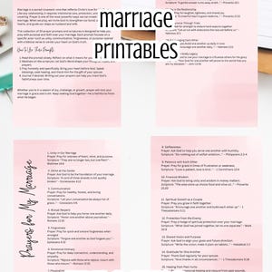 May include: A pink and white printable PDF document titled "Prayers for my marriage" with a list of prompts and scriptures. The document is designed to help couples pray with purpose. The text "PDF-2 SIZES" is at the bottom.