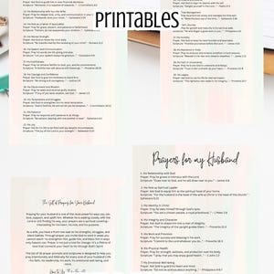 May include: Printable PDF with "Prayers for my Husband" prompts. Includes 30 prompts and scriptures for various aspects of a husband's life, such as faith, leadership, and well-being. The text is in black font on a white background. Available in PDF-2 sizes.