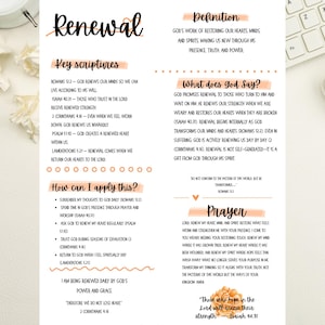 May include: Digital print of a topical reference sheet titled "Renewal" with key scriptures, definitions, and application notes. The design includes peach-colored accents and the text "3 Sizes Digital file-Print at Home".