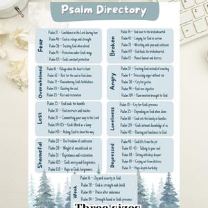 Könnte beinhalten: Ein Digitaldruck mit dem Titel "Psalm Directory" mit einem Referenzblatt. Der Druck zeigt eine Liste von Psalmen, die nach Emotionen wie Angst, Überwältigung und Gebrochenheit kategorisiert sind. Der Text "Drei Größen" und "Digitaldatei - Drucken zu Hause" sind ebenfalls sichtbar.