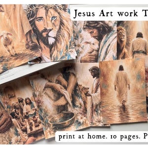 May include: A collection of ten printed art pages featuring religious illustrations of Jesus, including scenes with a lion, a lamb, and water. The pages are displayed on a spiral-bound notebook. Text on the image reads: Jesus Art work Tip-Ins, print at home. 10 pages. PDF file.