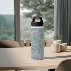 Floral water bottle, large insulated bottle, patterned lilac green cottagecore drinking bottle with handle, bridal shower party favor