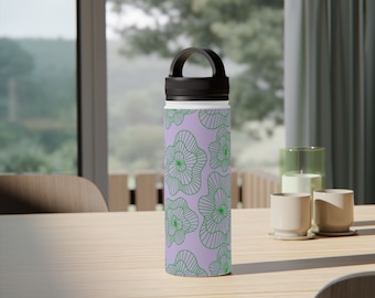 Floral water bottle insulated, Lilac green printed bottle with handle