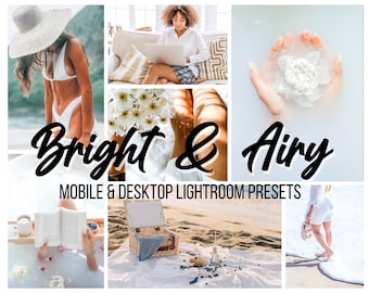 May include: A collage of images showcasing a collection of Lightroom presets called "Bright & Airy" for mobile and desktop use. The images feature a variety of scenes, including a woman in a white bikini, a woman working on a laptop, a bouquet of white flowers, a hand holding a white flower in a bath, a woman reading a book in a bathtub, a picnic basket on a white blanket, and a woman walking on a beach.