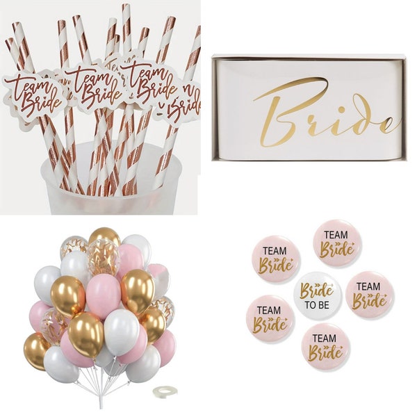 Hen Do Party Bundle including 6 x Team Bride badges, 10pcs Team Bride Straws, x1 Elegant Bride to be sash and Pink White and Gold balloons.