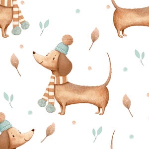 Könnte beinhalten: Aquarell-Illustration eines sich wiederholenden Musters mit Dackel-Hunden, die Wintermützen und Schals tragen. Die Hunde sind hellbraun mit blauen Mützen und Schals mit braunen und weißen Streifen. Der Hintergrund ist weiß mit Blättern und Punkten.