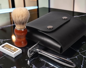 Estuche de viaje de cuero para maquinilla de afeitar de seguridad, organizador de afeitado húmedo hecho a mano, neceser de cuero de plena flor, regalo para hombres, estuche de aseo