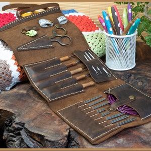 Etui en cuir pliable pour aiguilles à crochets et chaussettes