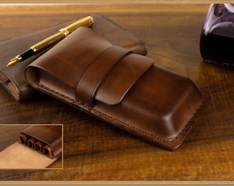 Dark brown leather case with divider for 4 fountain pens