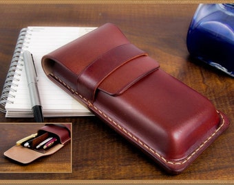 Mahogany leather case with divider for 4-6 fountain pens or pencils