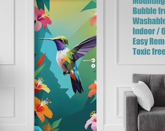 Adhesivo para puertas y nevera, Rainbow Jungle Colibri, decoración de interiores, adhesivos decorativos para el hogar.