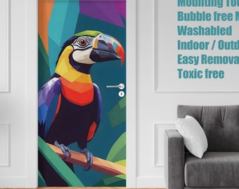 Autocollant pour portes et réfrigérateur, Rainbow Jungle Toucan, décorations d'intérieur, stickers décoratifs pour la maison.