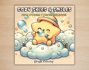Pode incluir: Capa de livro para colorir com o título "Cozy Skies & Smiles" e o subtítulo "Cute & Comfy Coloringbook". Apresenta uma estrela de desenho animado soprando bolhas enquanto está sentada em uma nuvem. O livro é de Giraffe Coloring.