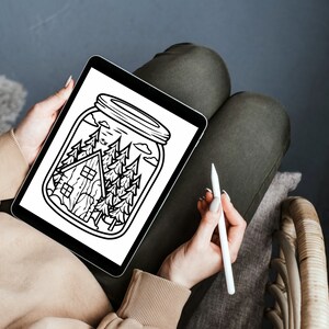 Bold and Easy Coloring Book, Cute Kawaii Forest Jar Coloring Pages, Enchanted Forest Scenes Coloring, Relaxing Activity for Adults and Kids