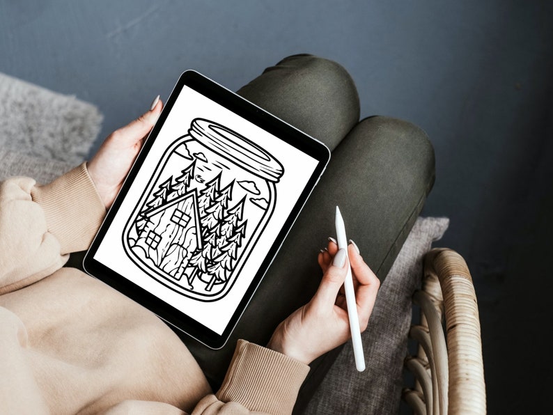 Bold and Easy Coloring Book, Cute Kawaii Forest Jar Coloring Pages, Enchanted Forest Scenes Coloring, Relaxing Activity for Adults and Kids