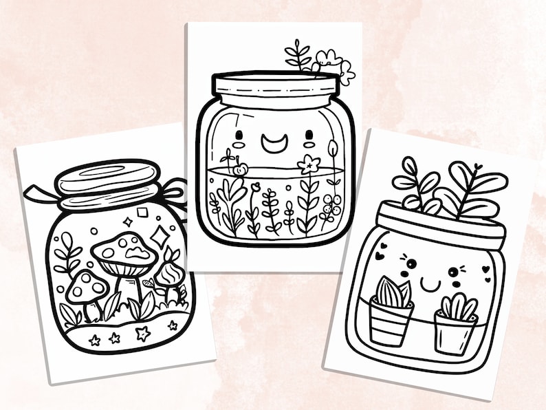 Bold and Easy Coloring Book, Cute Kawaii Forest Jar Coloring Pages, Enchanted Forest Scenes Coloring, Relaxing Activity for Adults and Kids