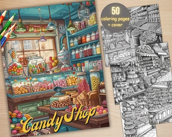 May include: A colourful illustration of a sweet shop with a variety of candies and sweets displayed in glass jars and behind the counter. The shop is decorated with vintage signs and lights. The text "Candy Shop" is written in a bold, yellow font.