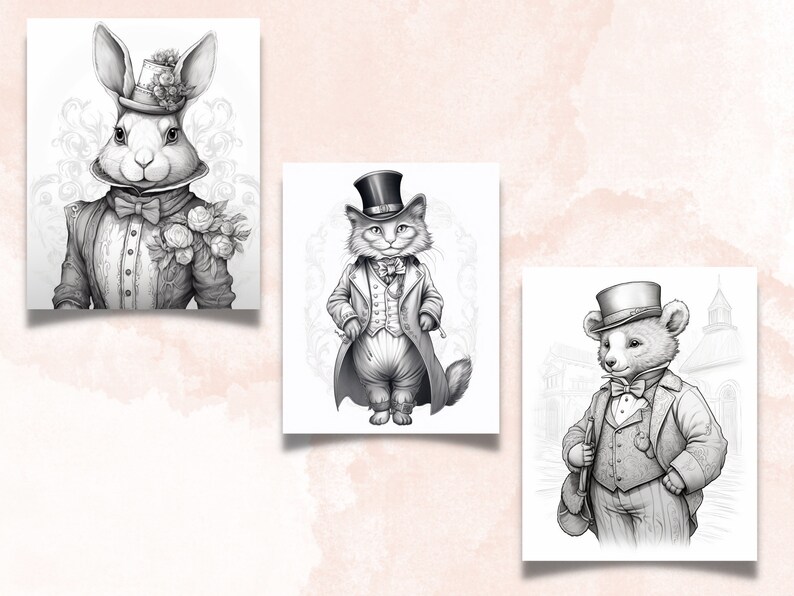 65 Victorian Animals Coloring Book, Printable Fairytale Animal Coloring Pages, Grayscale Cute Victorian Coloring Book for Adults and Kids