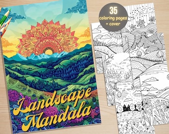 35 Landscape Mandala Coloring Book, Printable Stress Relief Pattern Coloring Pages, Simple Mandala Scenes Coloring Book for Adults and Kids