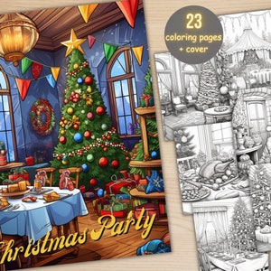 23 Christmas Party Coloring Book, Printable Xmas Noel Interior Coloring Pages, Grayscale Christmas Night Coloring Book for Adults and Kids