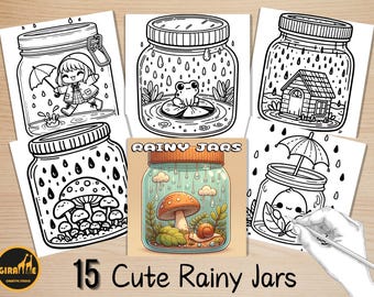 Bold and Easy Coloring Book, Cute Kawaii Rainy Jar Coloring Pages, Enchanted Rainy Scenes Coloring, Relaxing Activity for Adults and Kids