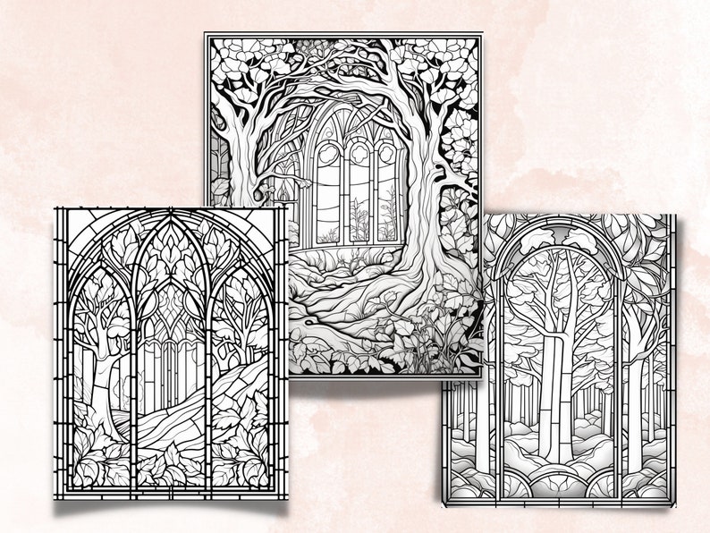 55 Stained Glass Forest Coloring Book, Printable Enchanted Forest Scenes Coloring Pages, Grayscale Magical Woodland Coloring Book for Adults