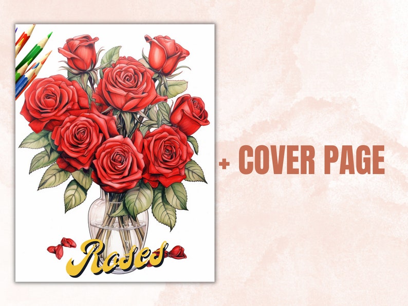 70 Rose Coloring Book, Printable PDF, Botanical Floral Plant Coloring Pages, Fantasy Grayscale Red Roses Coloring Book for Adults and Kids