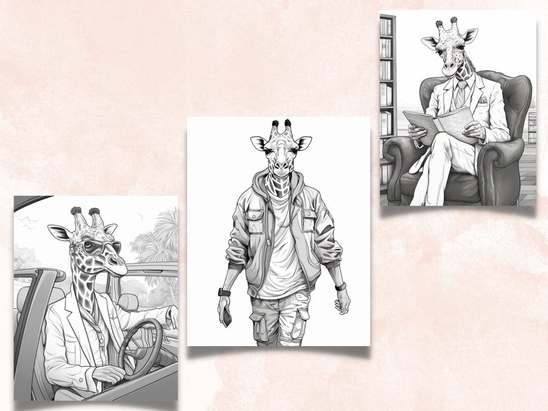 50 Fantasy Giraffe Coloring Book, Printable Secret Life of Giraffe Coloring Pages, Grayscale Cute Animal Coloring Book for Adults and Kids