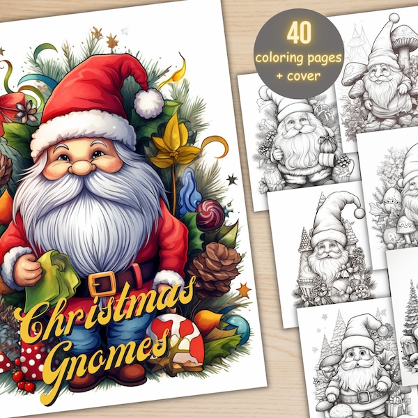 40 Christmas Gnomes Coloring Book, Printable Xmas Noel Garden Gnome Coloring Pages, Grayscale Christmas Coloring Book for Adults and Kids