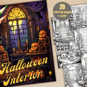 20 Halloween Interior Coloring Book, Printable PDF, Spooky Creepy Pumpkin Architecture Coloring Pages, Grayscale Coloring Book for Adults