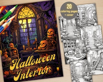 20 Halloween Interior Coloring Book, Printable PDF, Spooky Creepy Pumpkin Architecture Coloring Pages, Grayscale Coloring Book for Adults