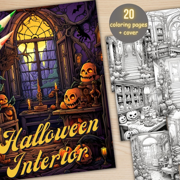 20 Halloween Interior Coloring Book, Printable PDF, Spooky Creepy Pumpkin Architecture Coloring Pages, Grayscale Coloring Book for Adults