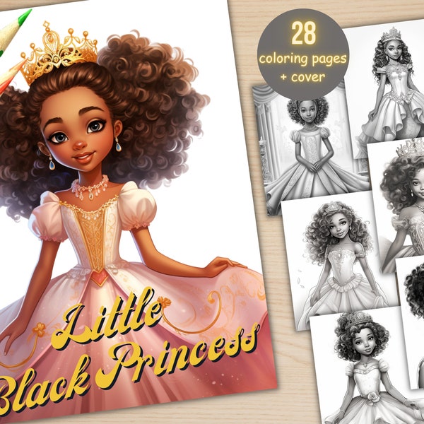 28 Fantasy Little Black Princess Girl Coloring Book, Printable PDF, Afro African Coloring Pages, Grayscale Coloring Book for Adults and Kids