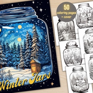 50 Wintergläser Malbuch, druckbare Winterlandschaft im Glas zum Ausmalen für Erwachsene und Kinder
