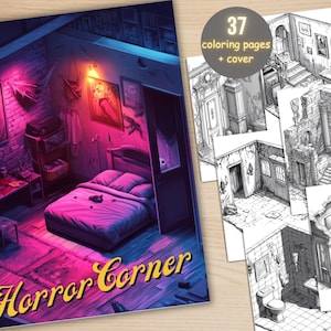 37 Horror Corner Coloring Book, Printable Cute Creepy Coloring Pages, Spooky Grayscale Coloring Book for Adults, Relax and Stress Relief