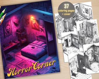 37 Horror Corner Kolorowanka, Wydrukuj Urocze Straszne Kolorowanki, Upiorna Kolorowanka Skala Szarości dla Dorosłych, Relaks i Uśmierzanie Stresu