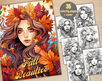 35 Fall Beauties Coloring Book, Printable Autumn Leaves Woman Coloring Pages, Grayscale Rustic Fall Girls Coloring Book for Adults Kids