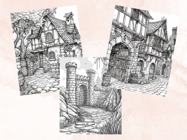 45 Medieval Scene Coloring Book, Printable PDF, Medieval Villages ...