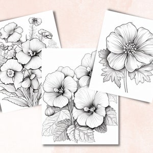 45 Violet Flowers Coloring Book, Printable PDF, Botanical Floral Plant Coloring Pages, Fantasy Grayscale Coloring Book for Adults and Kids